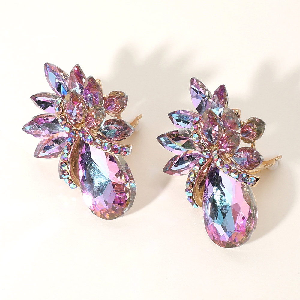 Violet AB Crystal Petal Teardrop Clip On Pageant Earrings  | Prom Earrings