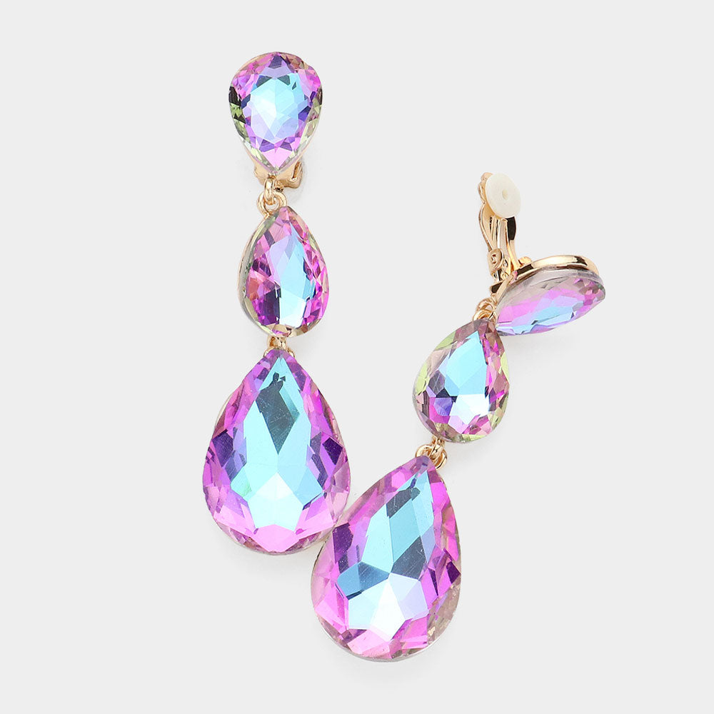 Violet AB Crystal Triple Teardrop Clip-on Pageant Earrings