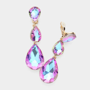 Violet AB Crystal Triple Teardrop Clip-on Pageant Earrings