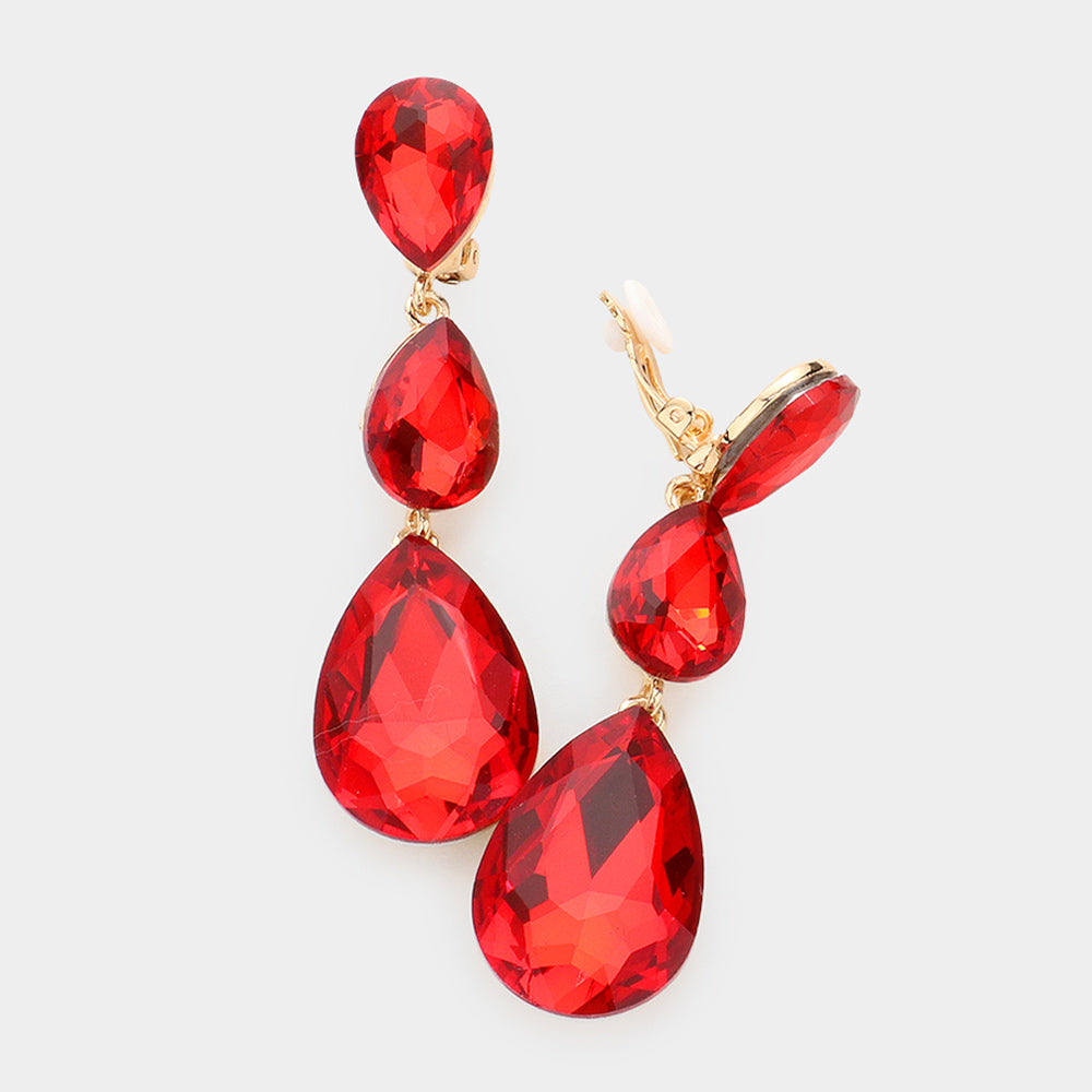 Red Crystal Triple Teardrop Clip-on Pageant Earrings