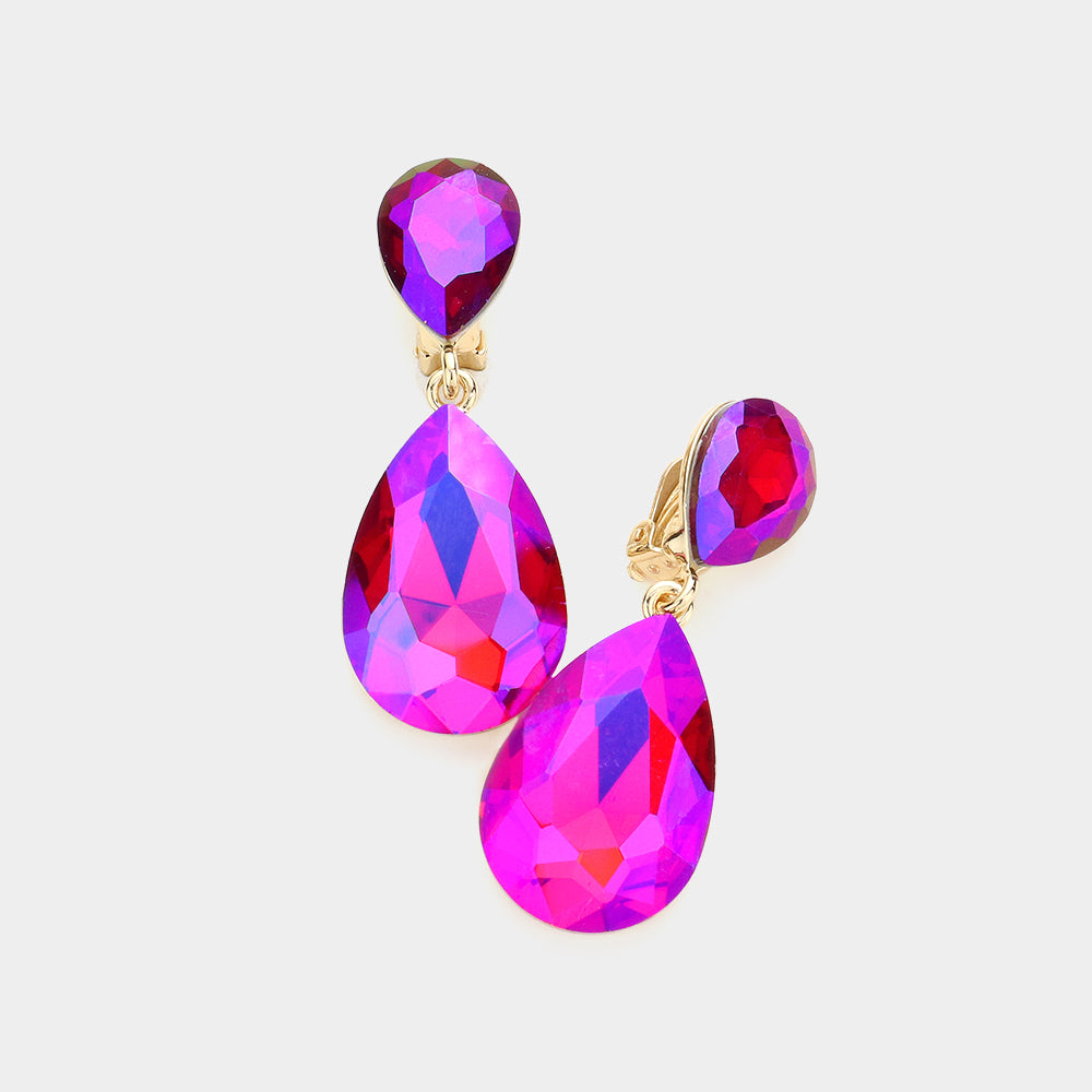 Fuchsia AB Crystal Double Teardrop Clip on Dangle Earrings  | Pageant Earrings