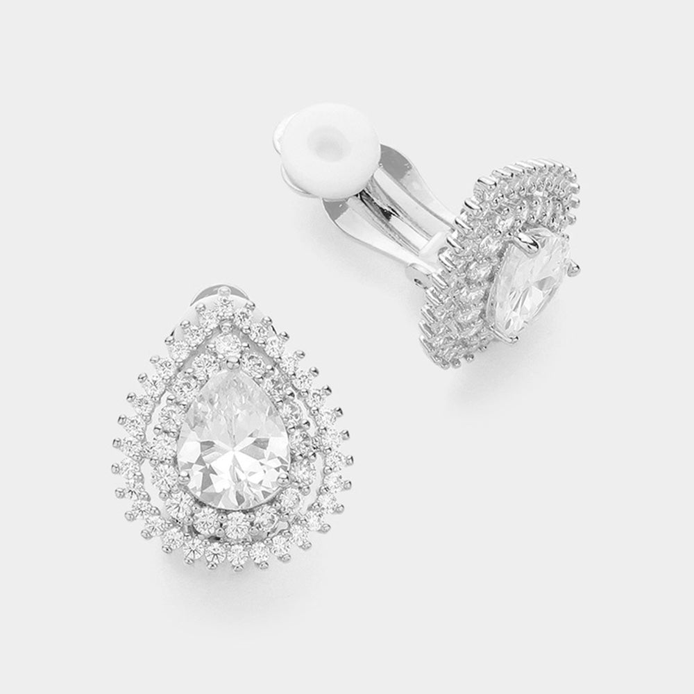 CZ Teardrop Stone Surrounded by Rhinestone Clusters Clip On Earrings on Silver |  627807
