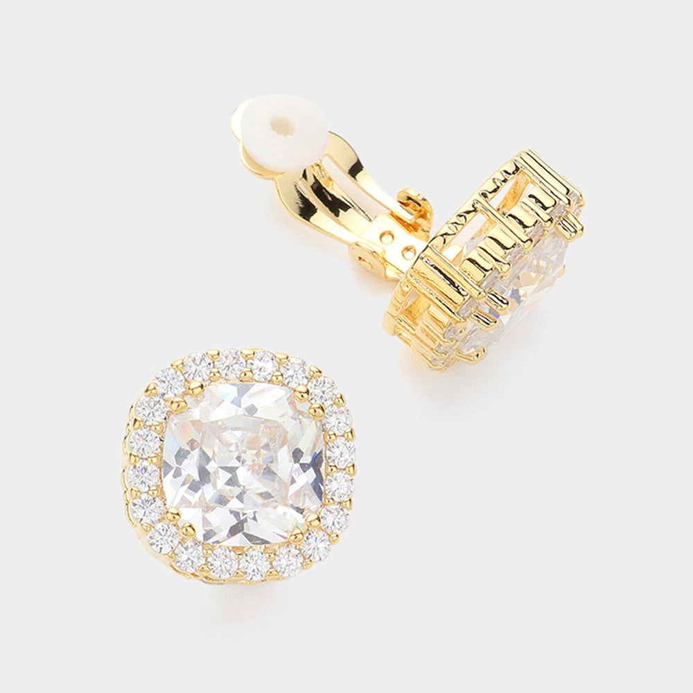 CZ Center Stone Round Corner Surrounded by Rhinestones Clip On Earrings on Gold