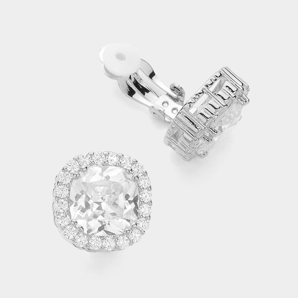 CZ Center Stone Round Corner Surrounded by Rhinestones Clip On Earrings on Silver |  627853