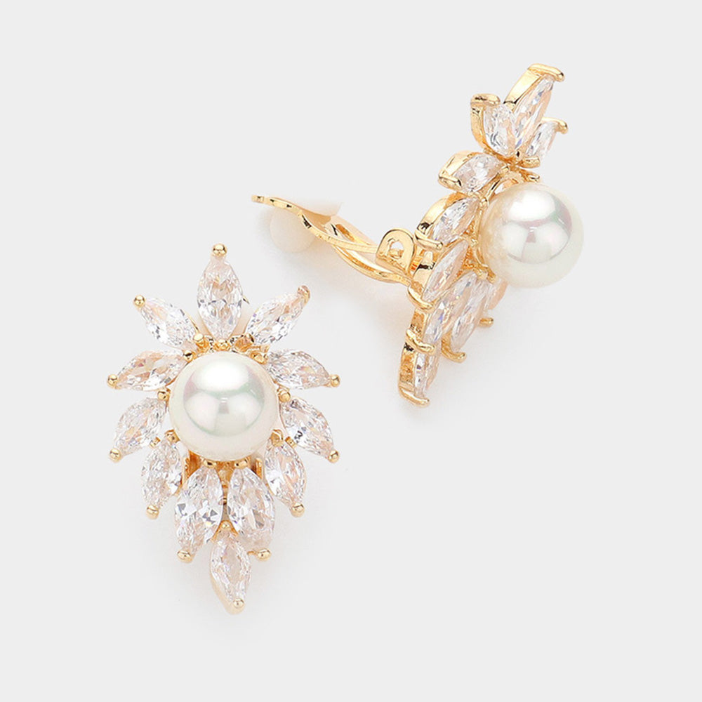 CZ Marquise Stone with White Pearl Center Clip On Bridal Earrings | Clip On Pearl Earrings