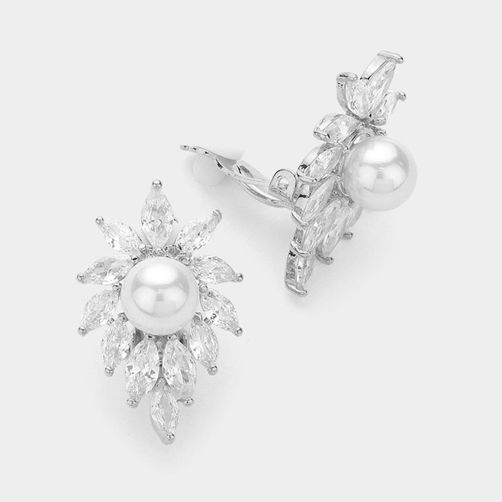 CZ Marquise Stone with White Pearl Center Clip On Bridal Earrings | Clip On Pearl Earrings | 627855