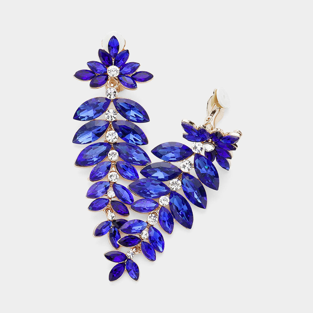 Royal Blue Crystal Marquise Stone Cluster Vine Pageant Clip On Earrings | Pageant Jewelry