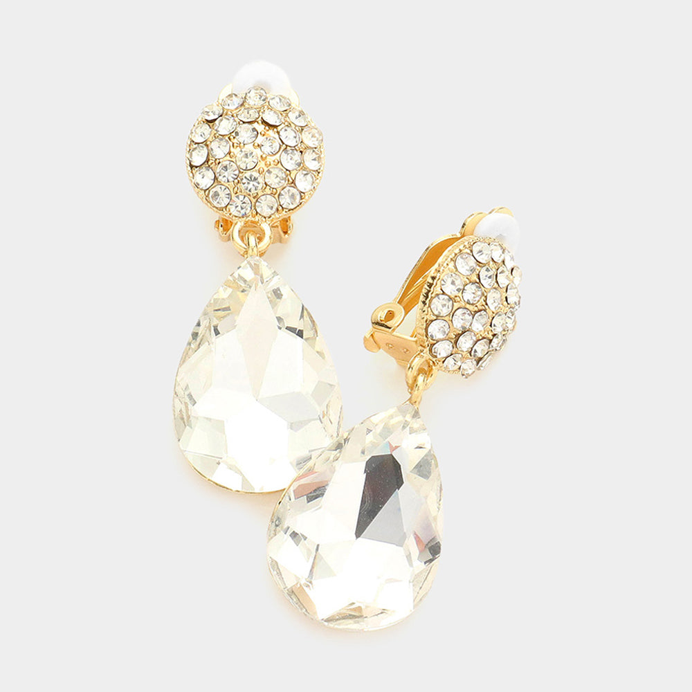 Clear Teardrop Dangle Clip On Earrings on Gold| Clip Earrings | Pageant Earrings