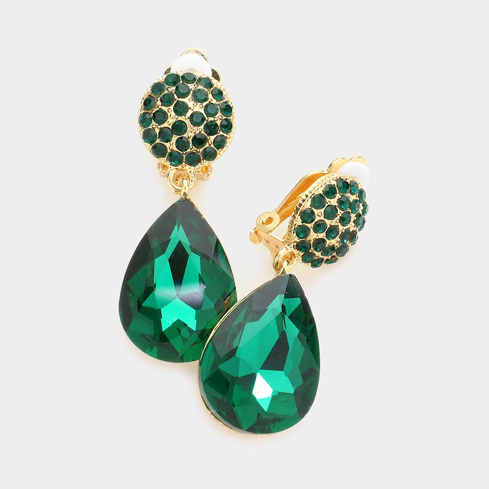 Emerald Teardrop Dangle Clip On Earrings | Clip Earrings | Pageant Earrings