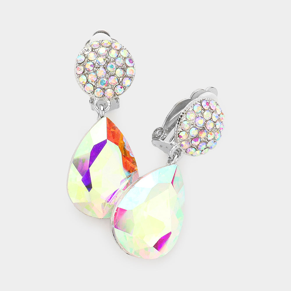 AB Teardrop Dangle Clip On Earrings | Clip Earrings | Pageant Earrings