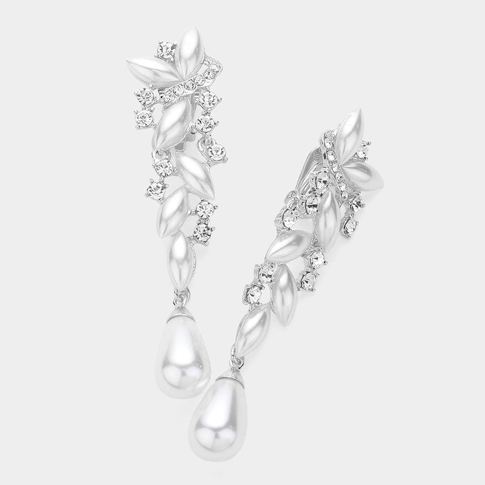 White Pearl and Marquise Crystal Drop Pageant Clip On Earrings&nbsp;