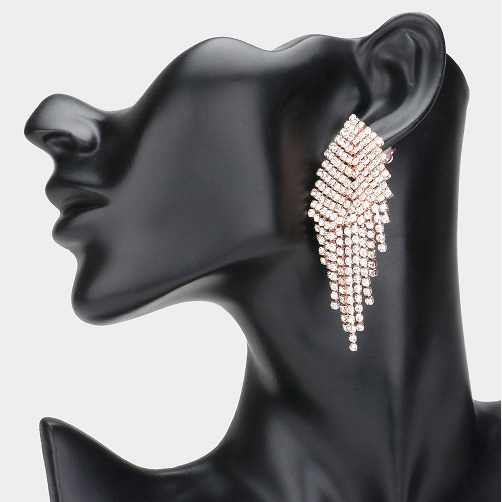 Clear Pave Crystal Rhinestone Fringe Clip On Prom Earrings on Rose Gold| Clip On Pageant Earrings 