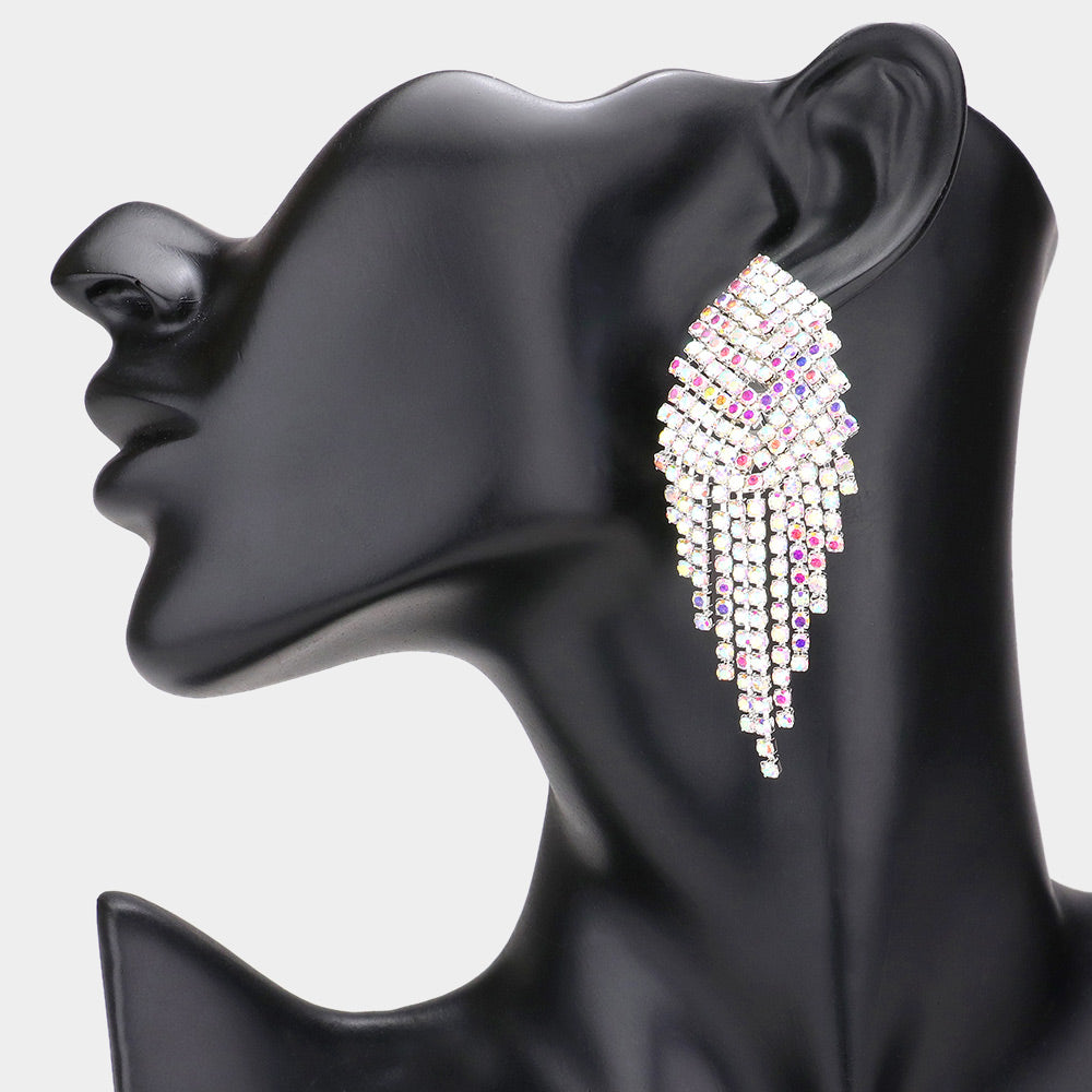 AB Pave Crystal Rhinestone Fringe Clip On Prom Earrings on Silver | Clip On Pageant Earrings