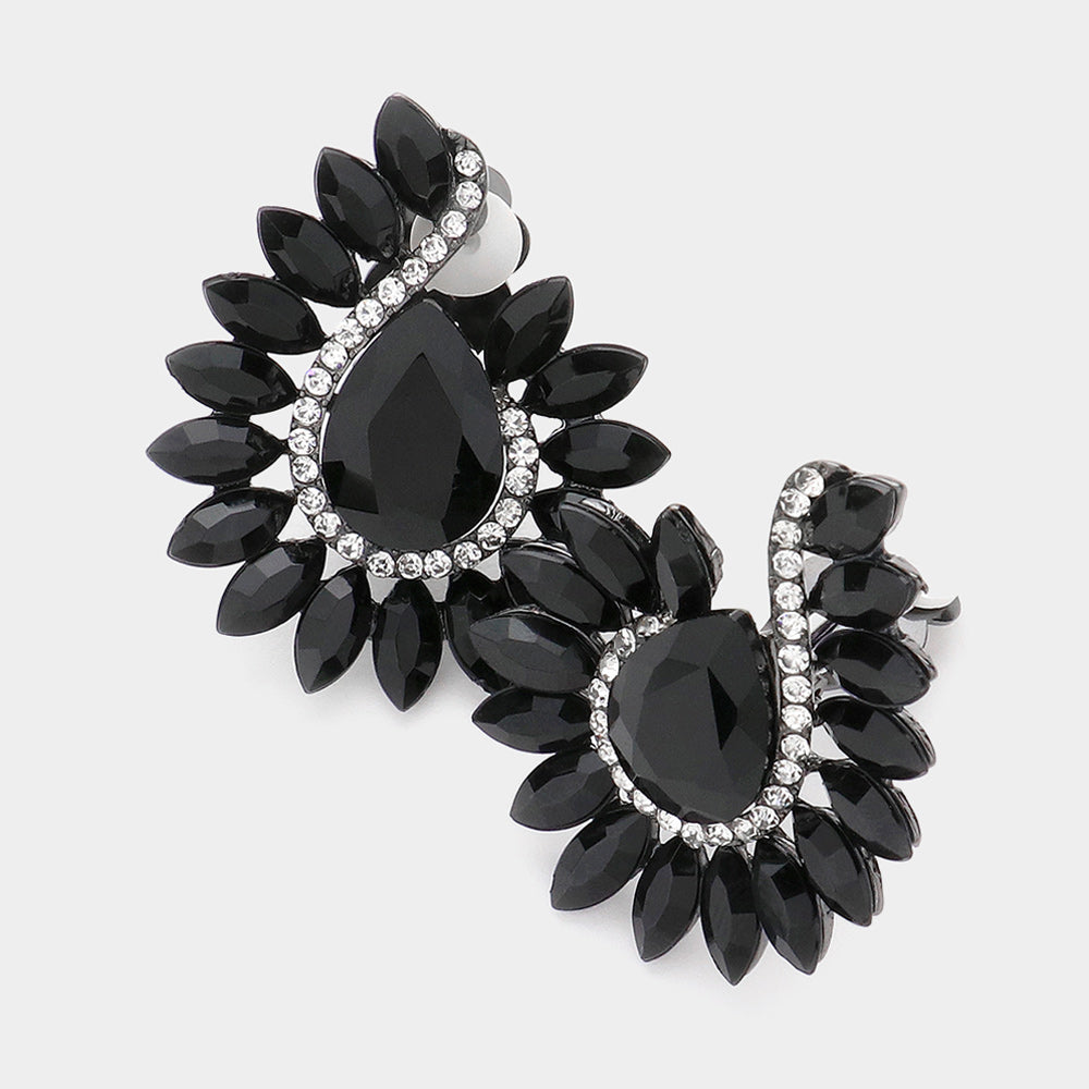 Black Marquise Stone and Clear Rhinestone Clip On Earrings