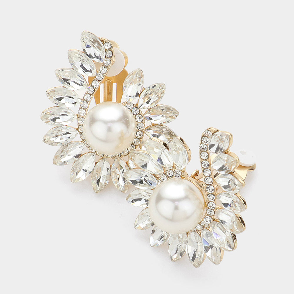 Marquise Stone and Cream Pearl Clip On Earrings on Gold | Wedding Jewelry