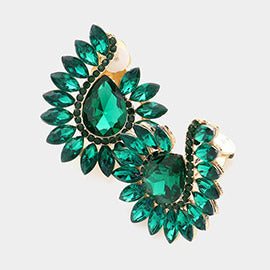 Emerald Marquise and Round Stone on Gold Clip On Earrings
