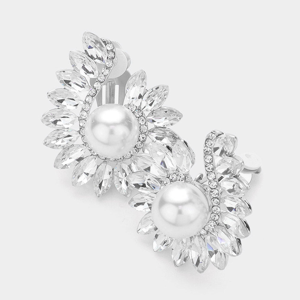 Marquise Stone and White Pearl Clip On Earrings on Silver | Wedding Jewelry