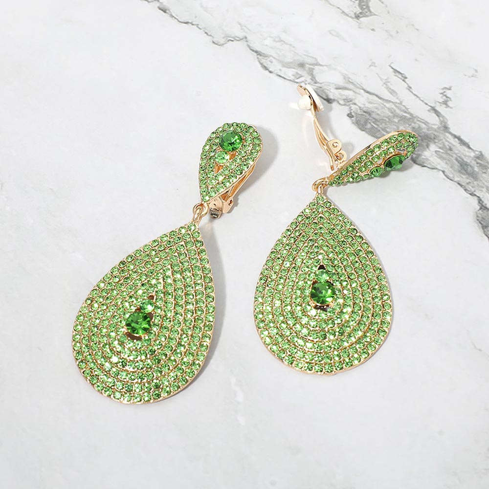 Pageant Earrings | Large Lime Crystal Drop Earrings on Gold | Clip On | 695126