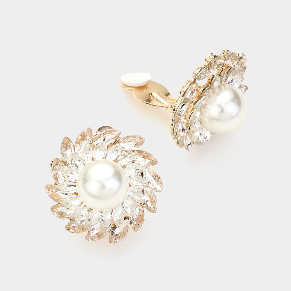 Spiral Stone with Cream Pearl Clip On Earrings on Gold| Bridal Earrings | 619611