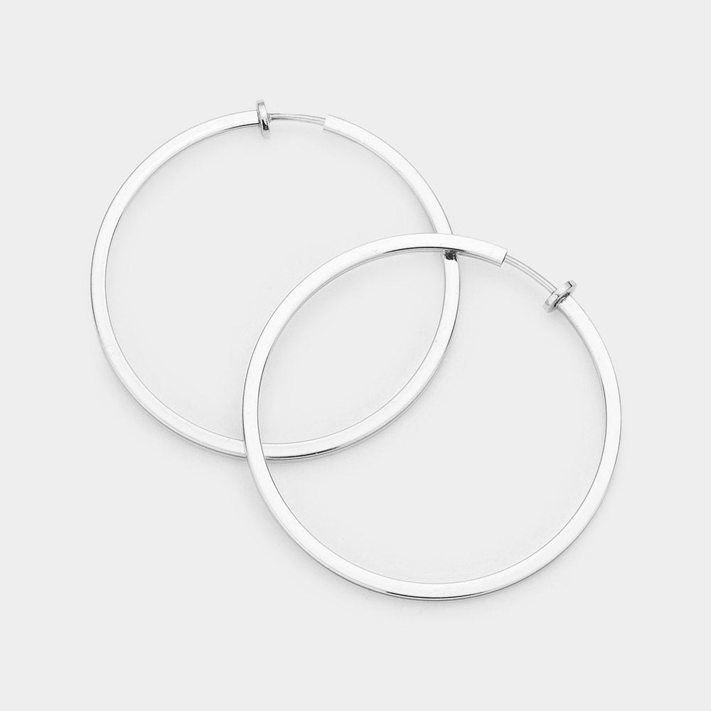 Silver Metal Hoop Clip on Earrings | 1.75"