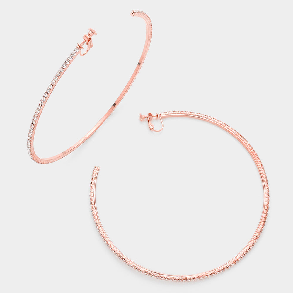 Large Oversized Crystal Clip On Hoop Earrings on Rose Gold  | 4"