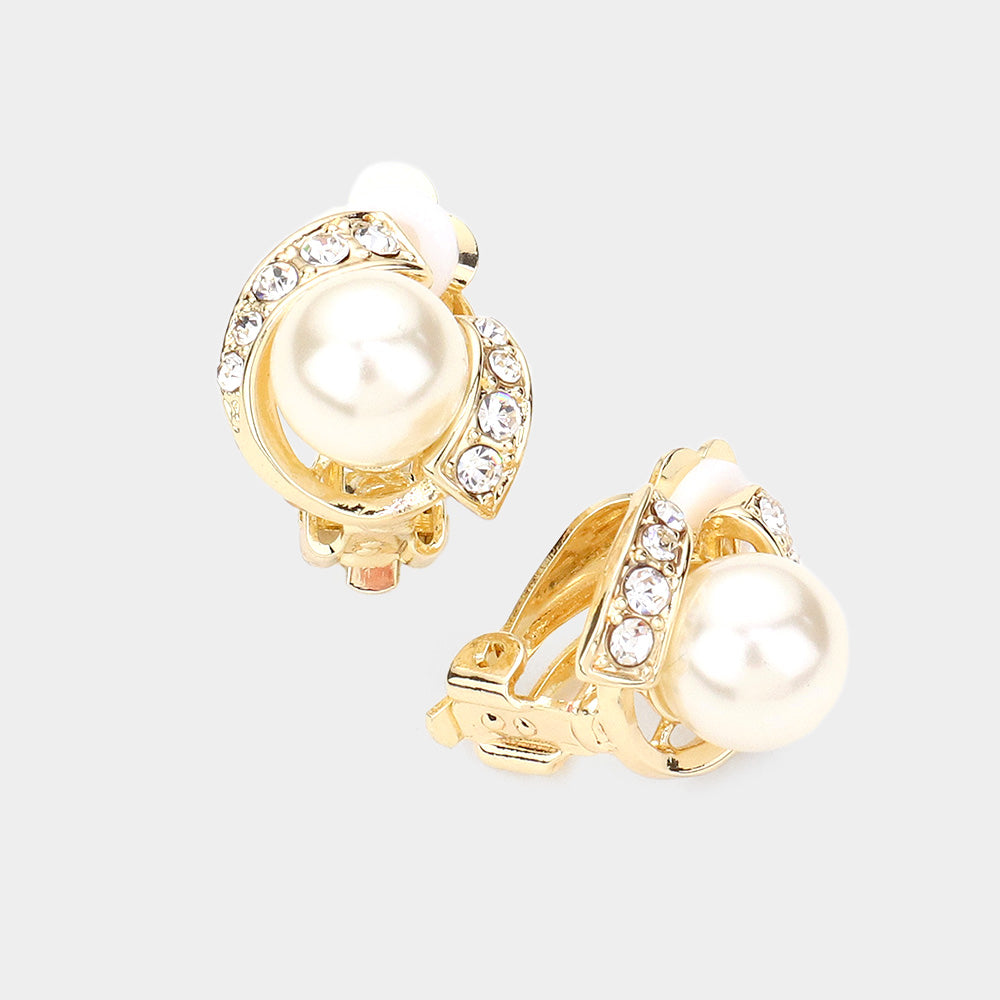 Cream Pearl and Clear Stone Clip On Bridal Earrings on Gold | Clip On Wedding Earrings