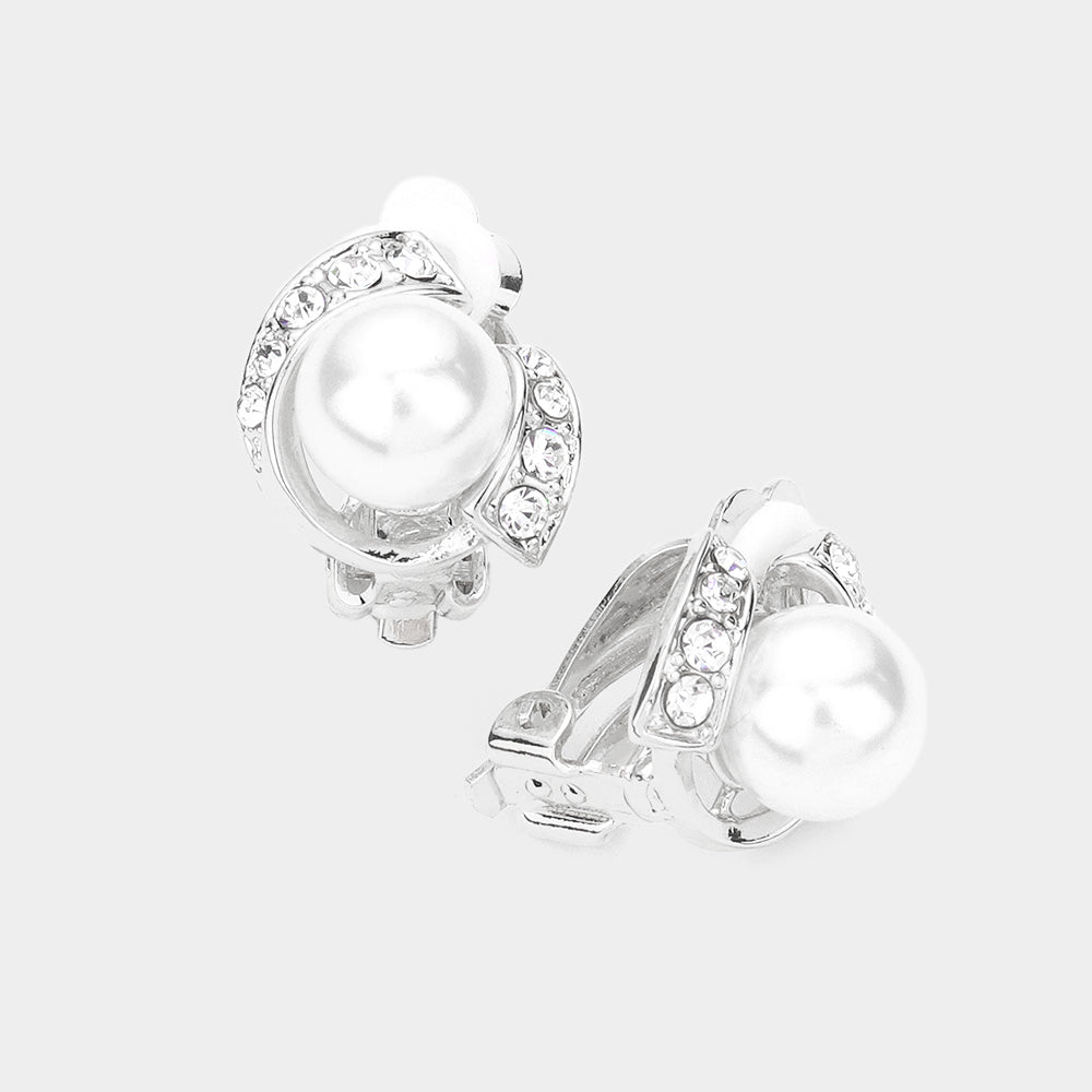 White Pearl and Clear Stone Clip On Bridal Earrings | Clip On Wedding Earrings