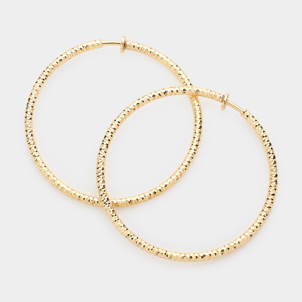 Textured Gold CLIP ON Hoop Earrings | 2.25"