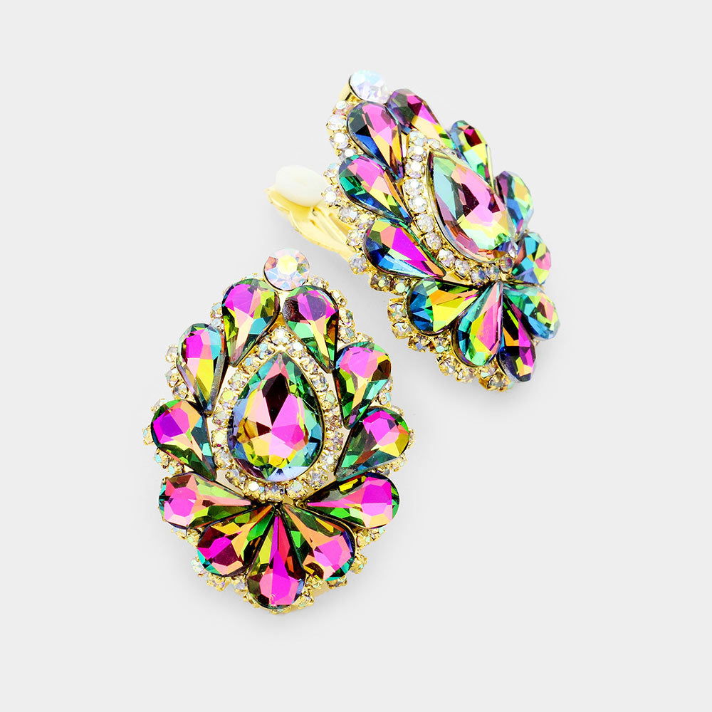 Mujlti-Color Crystal Cluster Teardrop Clip on Earrings