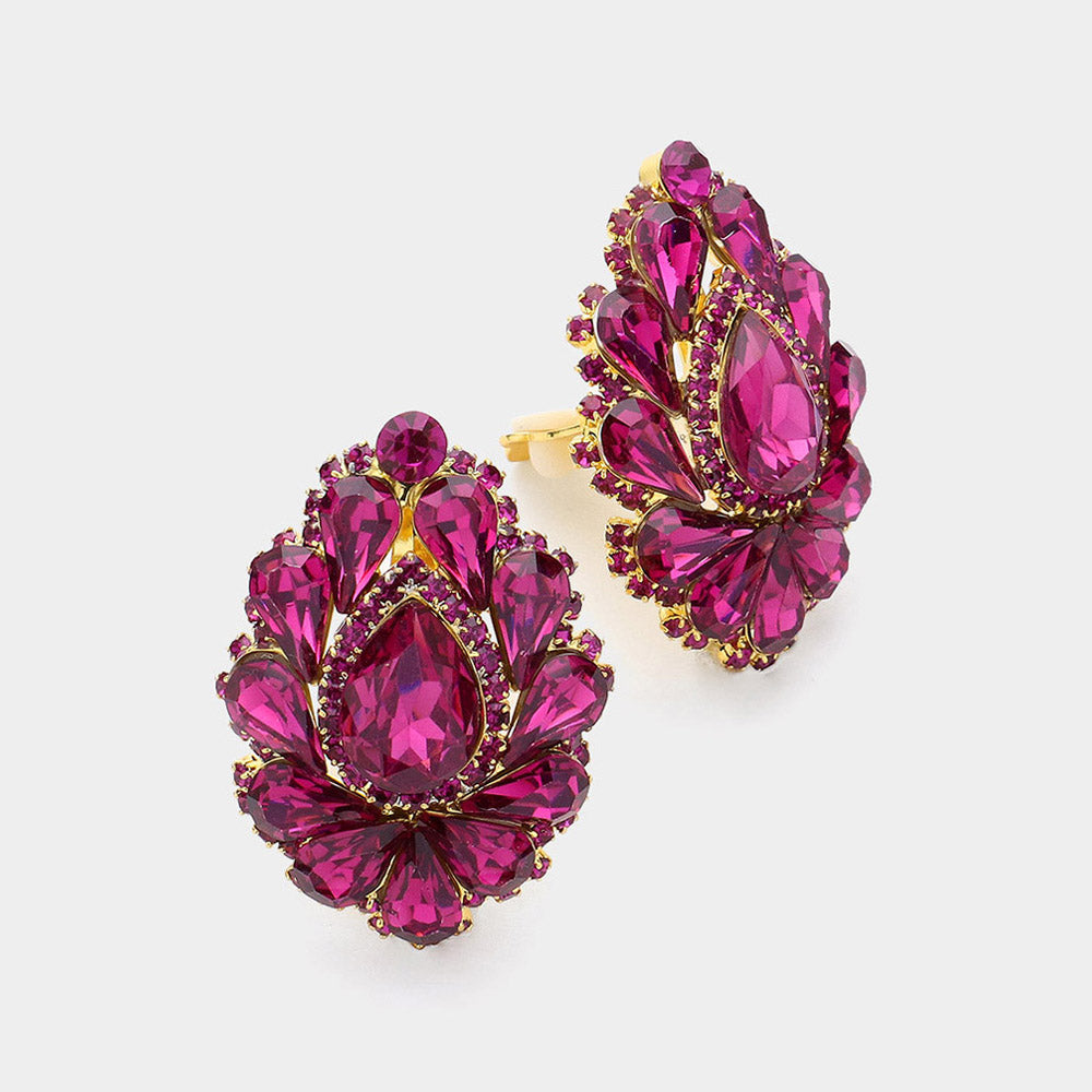 Fuchsia Crystal Cluster Teardrop Clip on Earrings