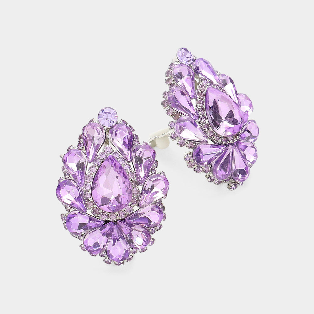 Lavender Crystal Cluster Teardrop Clip on Earrings