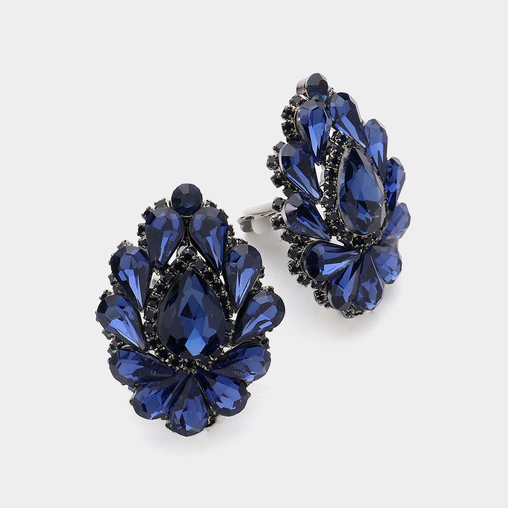 Navy Crystal Cluster Teardrop Clip on Earrings
