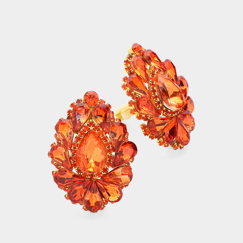 Orange Crystal Cluster Teardrop Clip on Earrings