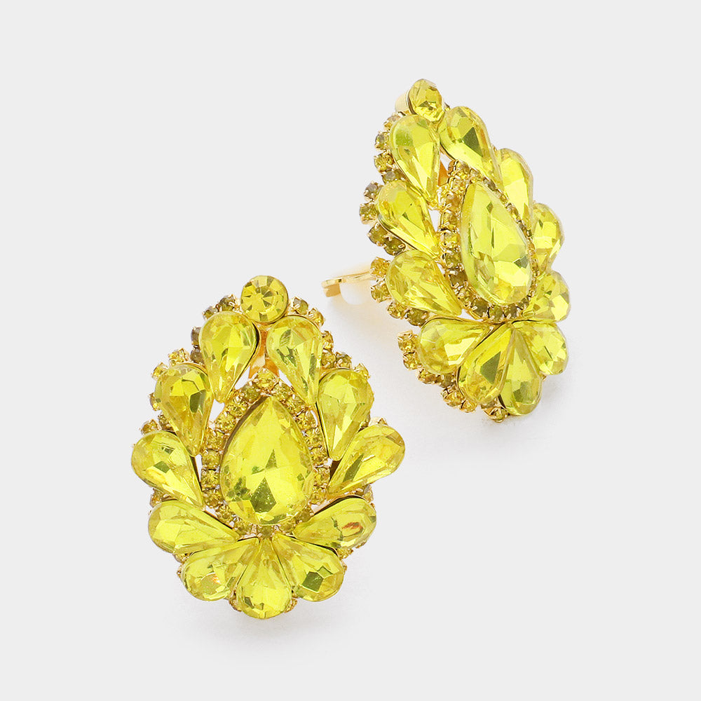 Yellow Crystal Cluster Teardrop Clip on Earrings
