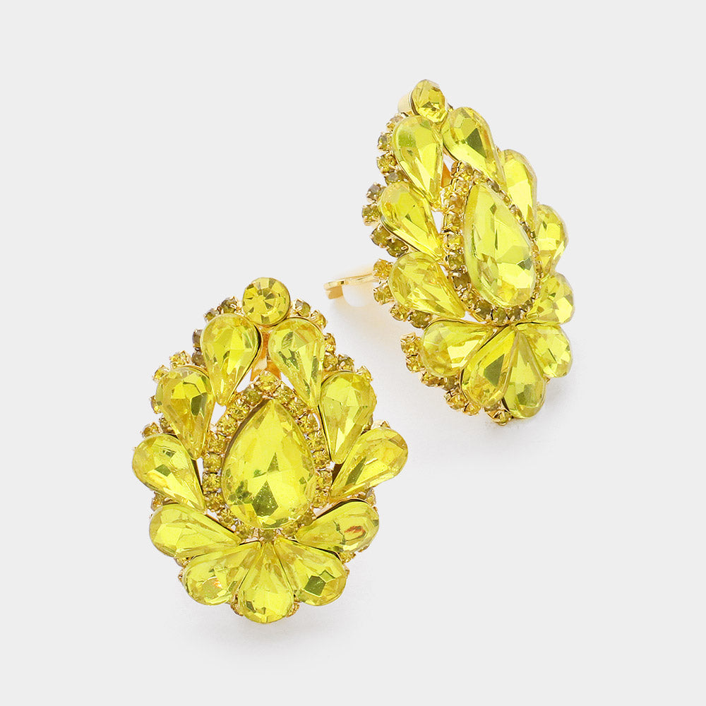 Yellow Crystal Cluster Teardrop Clip on Earrings 