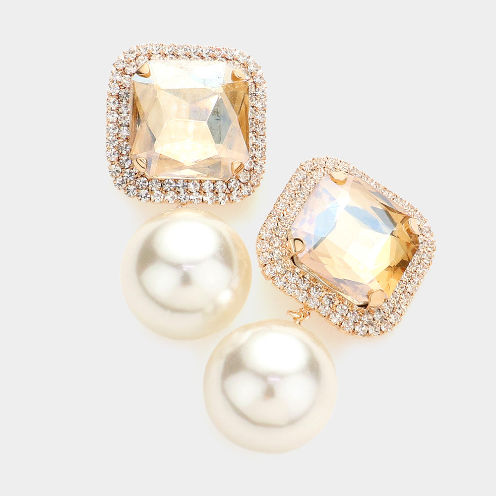 Light topaz gold stone square cream pearl link dangle clip-on earrings with gold-tone setting on a light gray background