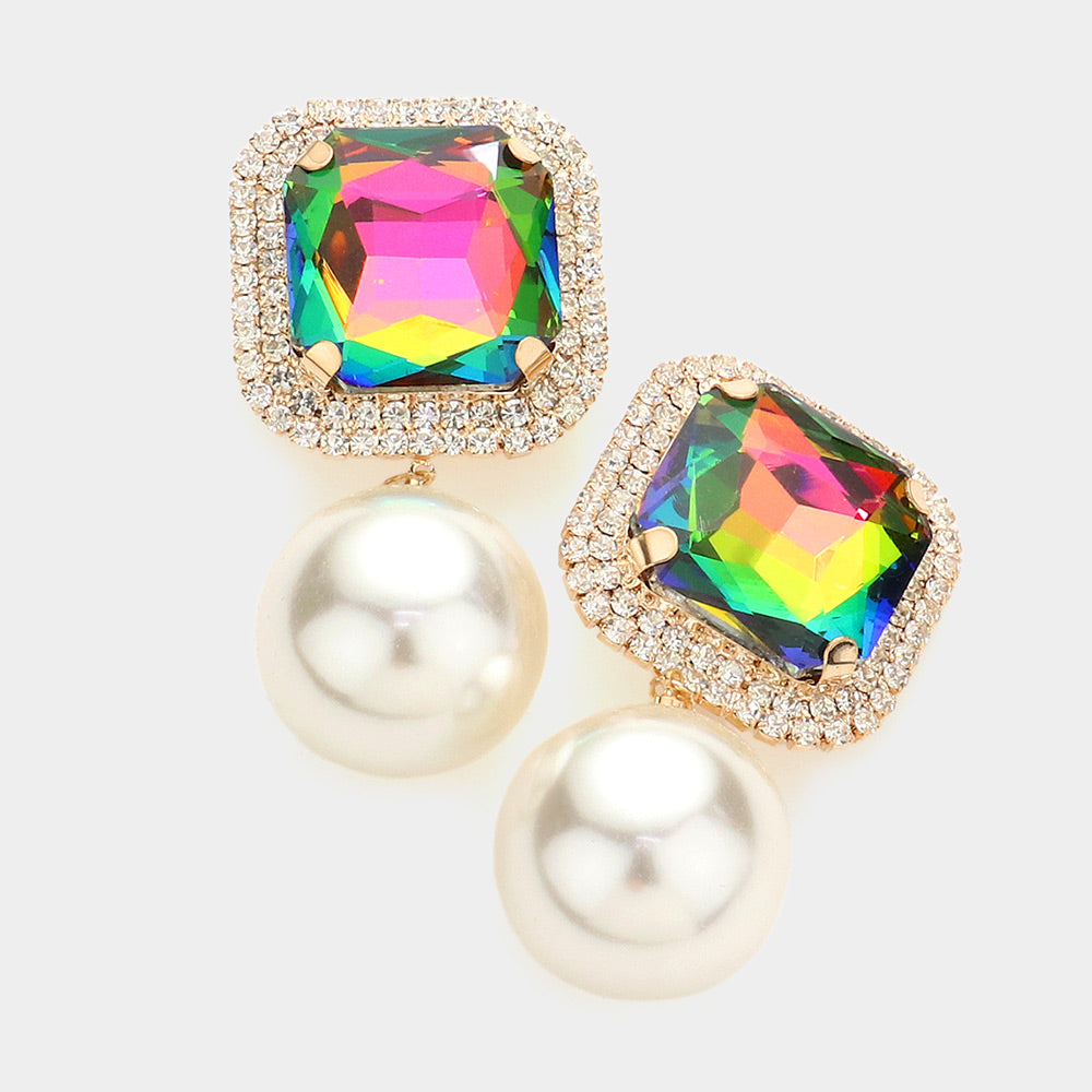 Multi-Color Square Stone with Pearl Link Dangle Clip On Pageant Earrings | Clip On Interview Earrings