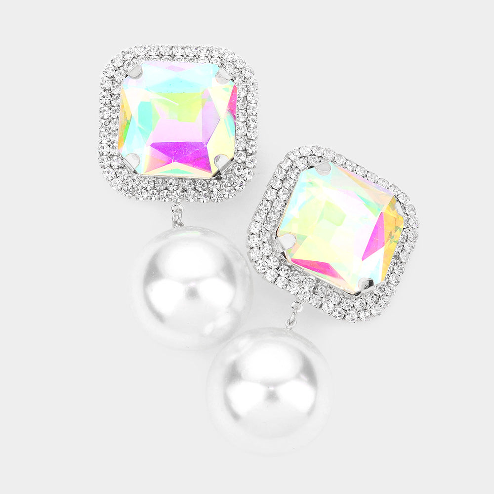 AB Square Stone with Pearl Link Dangle Clip On Pageant Earrings | Clip On Interview Earrings