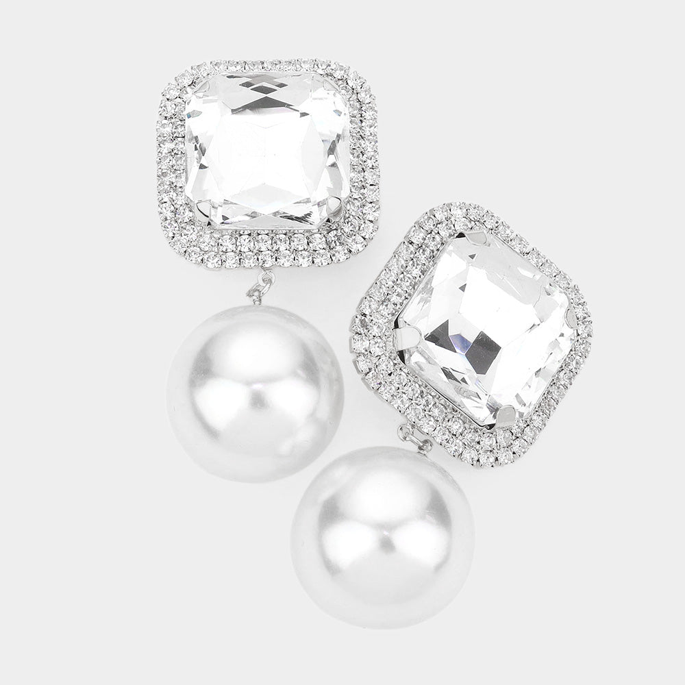 Clear Square Stone with Pearl Link Dangle Clip On Pageant Earrings | Clip On Interview Earrings