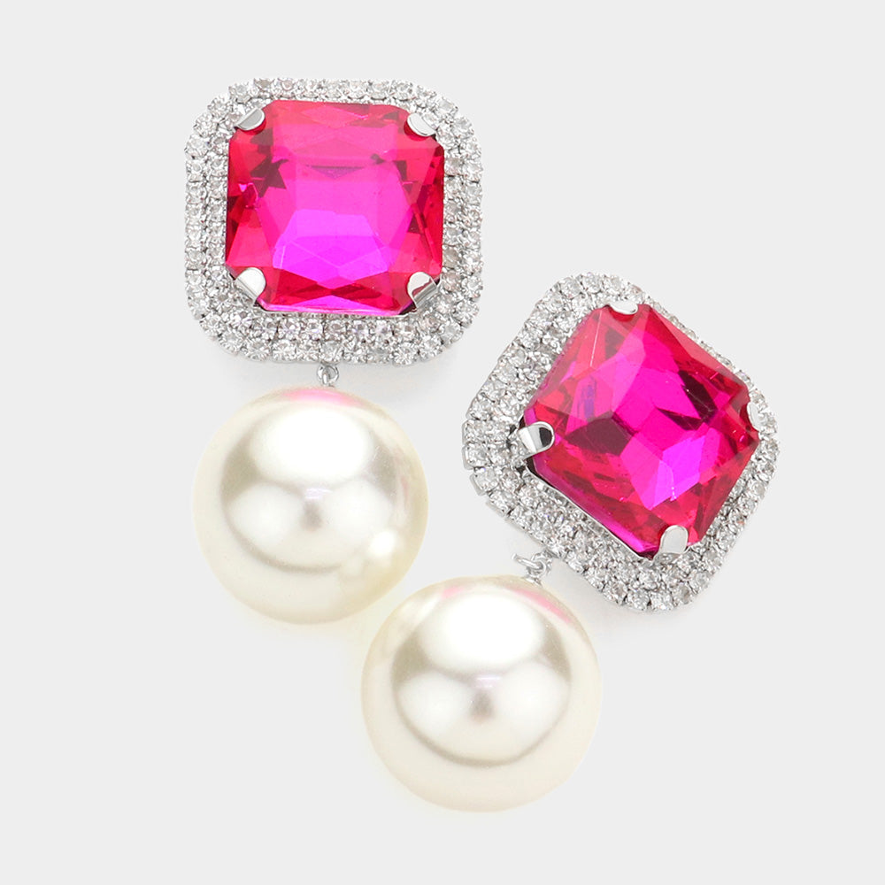 Fuchsia square stone pearl link dangle clip-on earrings with silver-tone setting on a light gray background