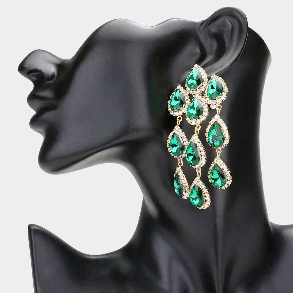 Emerald Multi Teardrop Clip On Chandelier Earrings | Prom Jewelry | 602188