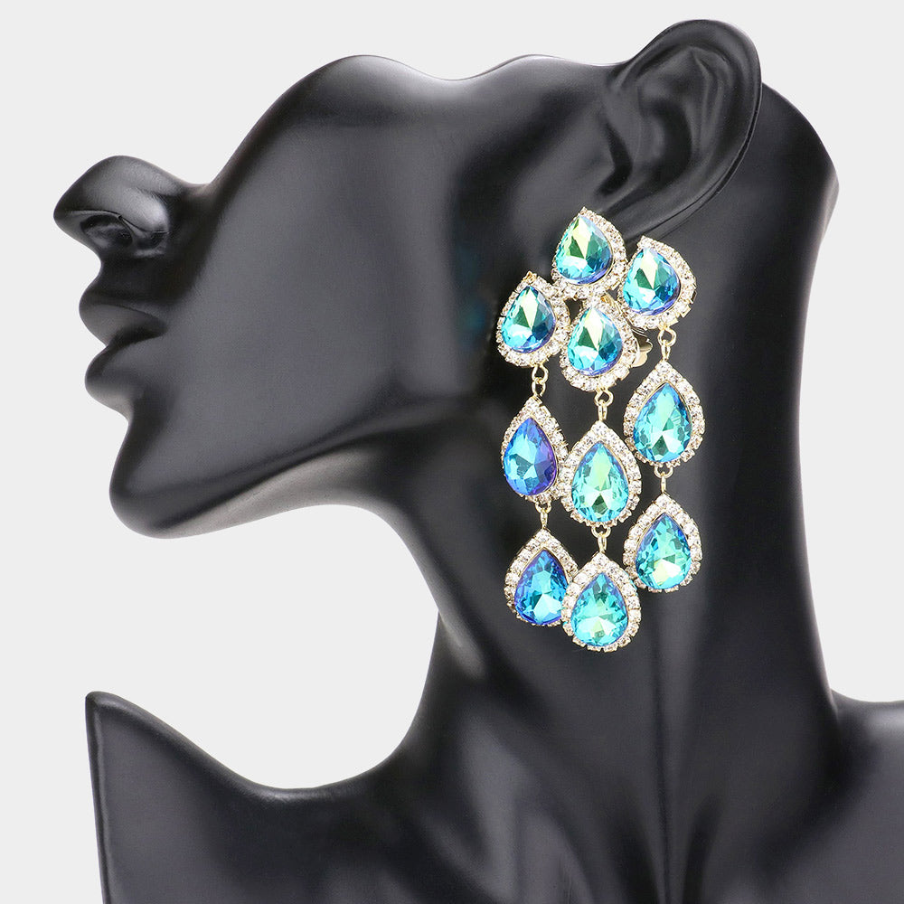 Aqua Turquoise Multi Teardrop Clip On Chandelier Earrings Prom