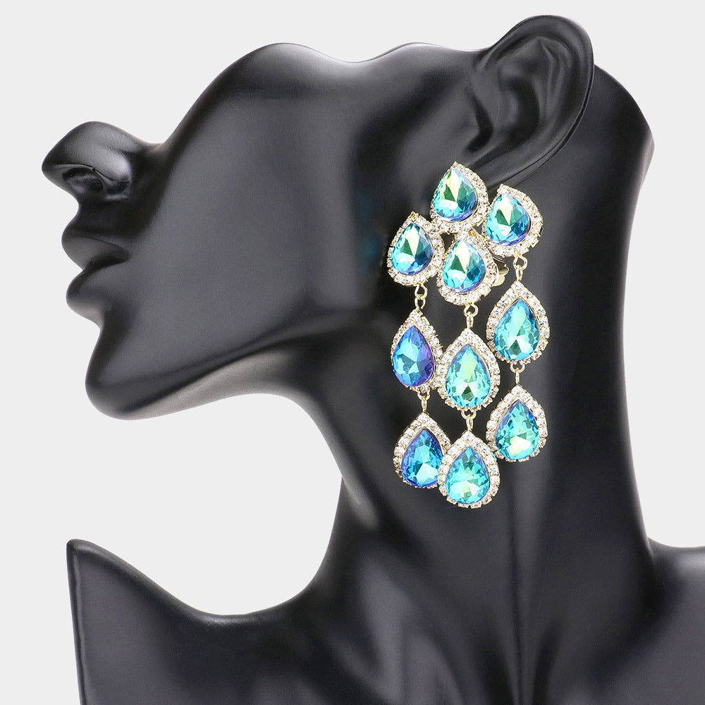 Aqua Turquoise Multi Teardrop Clip On Chandelier Earrings | Prom Jewelry