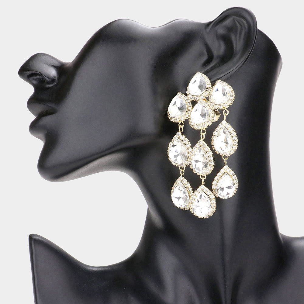 Clear Multi Teardrop Clip On Chandelier Earrings on Gold | Prom Jewelry