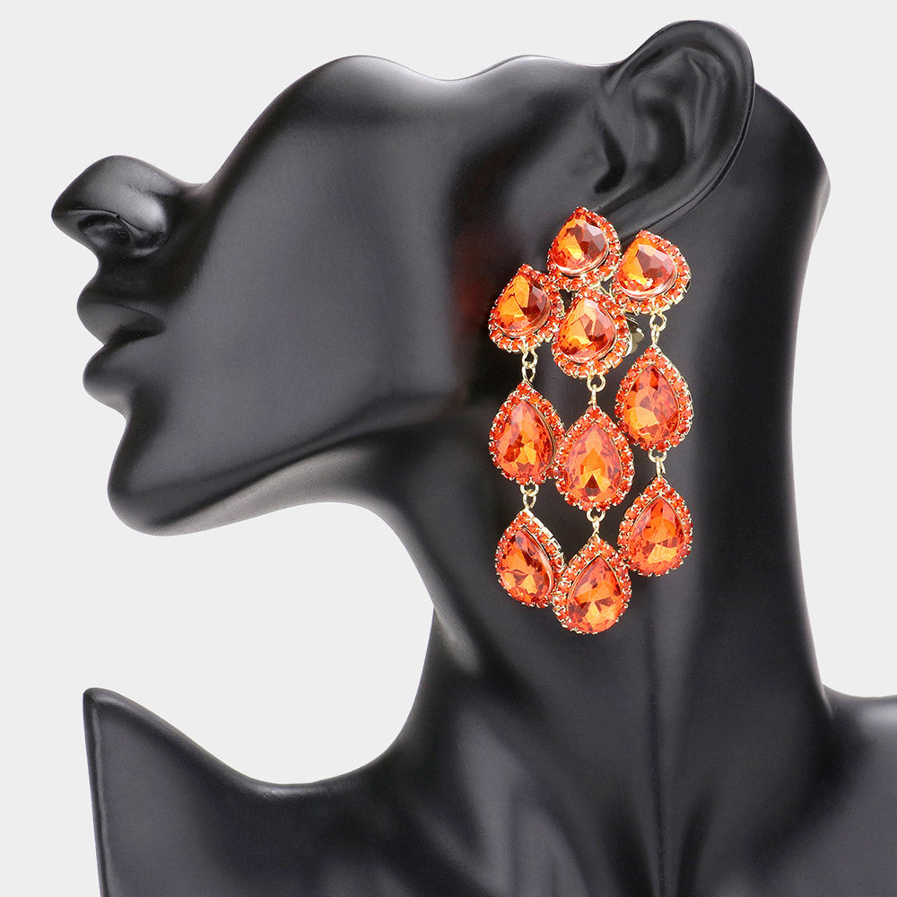 Orange Multi Teardrop Clip On Chandelier Earrings  | Prom Jewelry