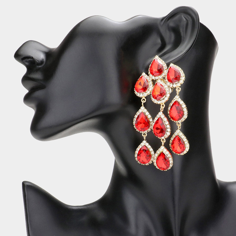 Red Multi Teardrop Clip On Chandelier Earrings | Prom Jewelry