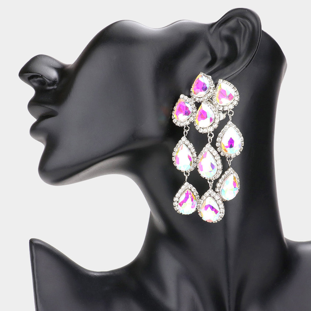AB Multi Teardrop Clip On Chandelier Earrings  | Prom Jewelry