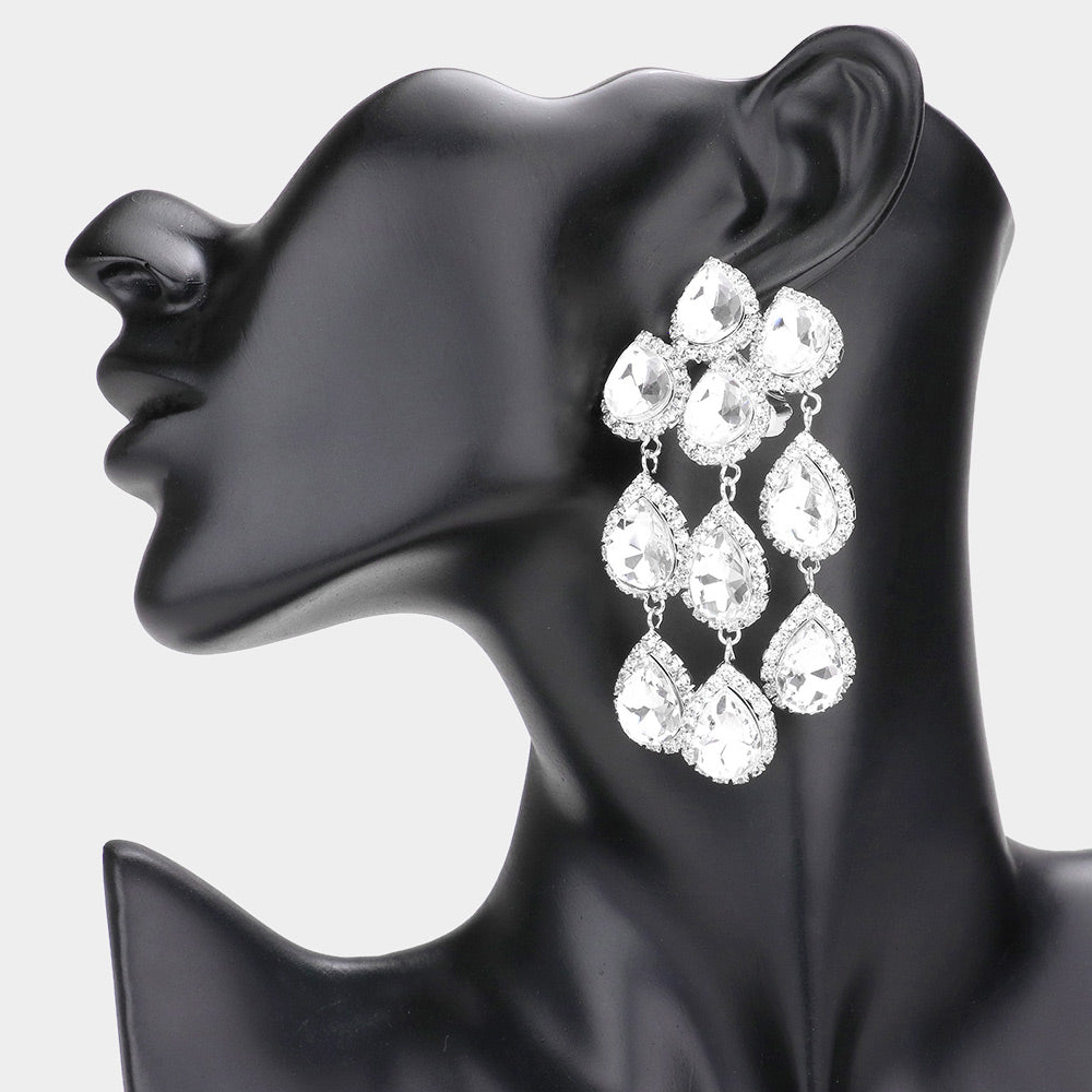 Clear Multi Teardrop Clip On Chandelier Earrings  | Prom Jewelry