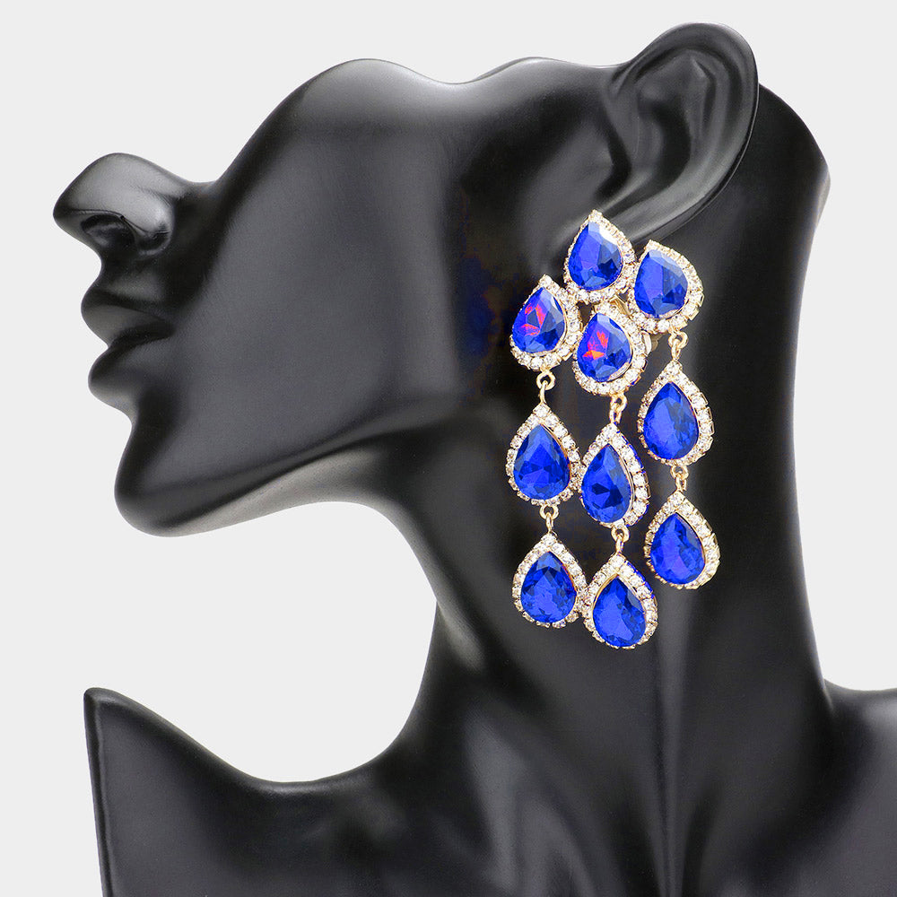 Sapphire Multi Teardrop Clip On Chandelier Earrings | Prom Jewelry