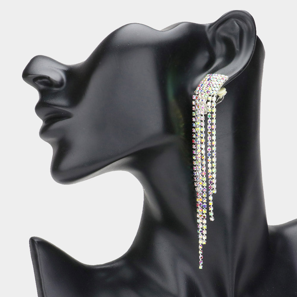 Multi-Color Rhinestone Pave Fringe Clip On Pageant Earrings  | Clip On Rhinestone Fashion Earrings